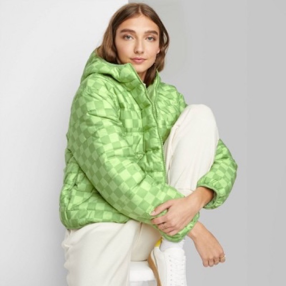 Wild Fable Green Checkered Puffer with Hood